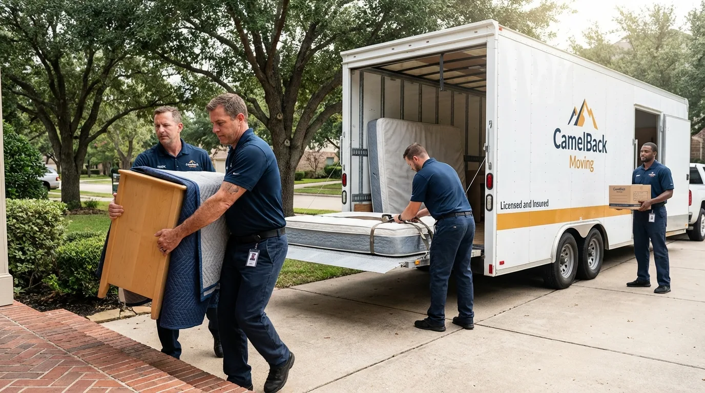 Crew loading residential truck for cross-state move from Oxford, MA