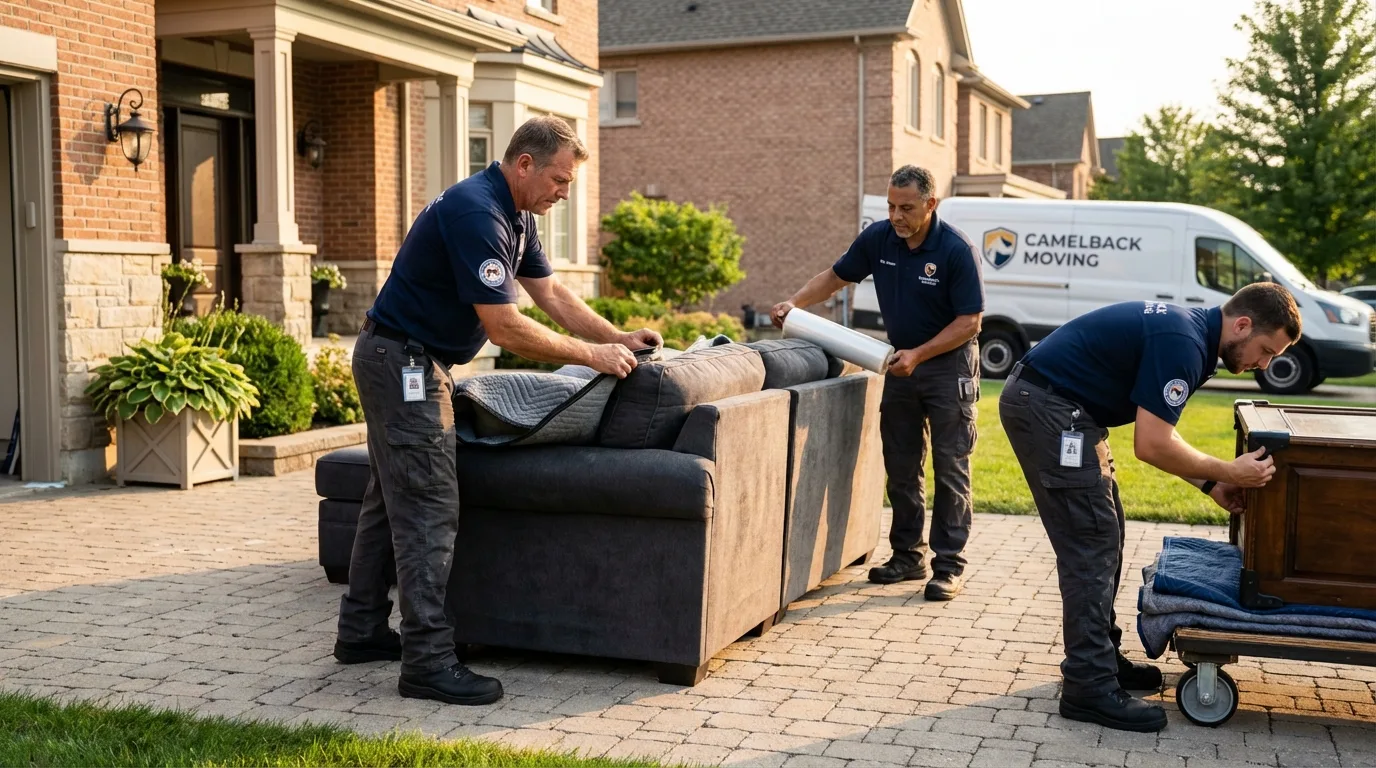 Large estate moving crew wrapping furniture in Oxford, MA