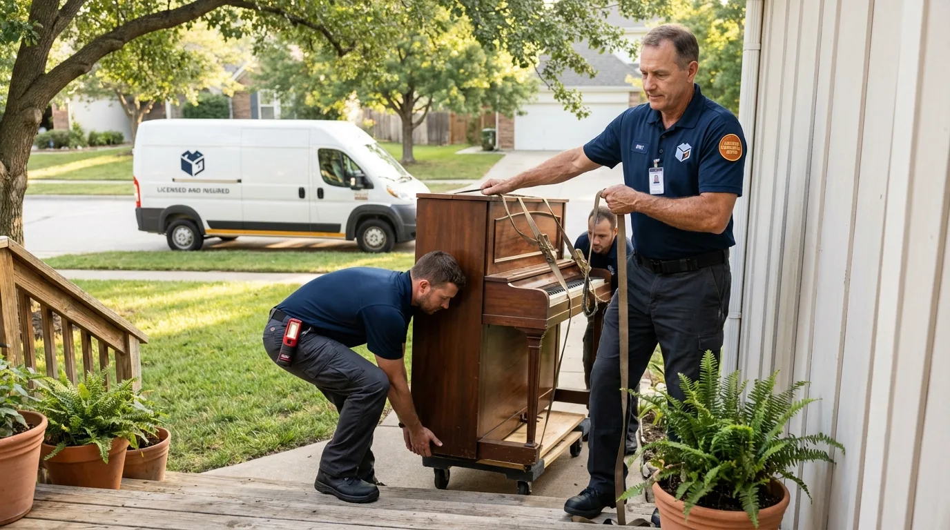 Licensed piano movers securing grand piano in Oxford, MA