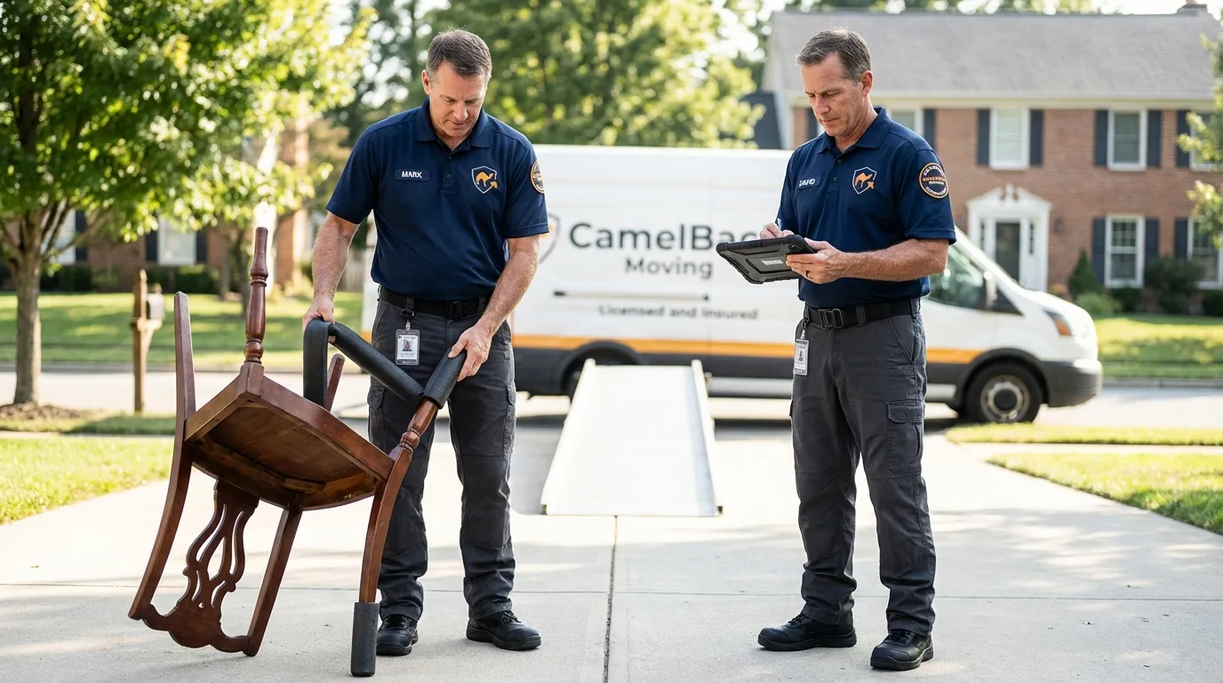 Movers inspecting furniture for damage prevention before loading in Oxford, MA