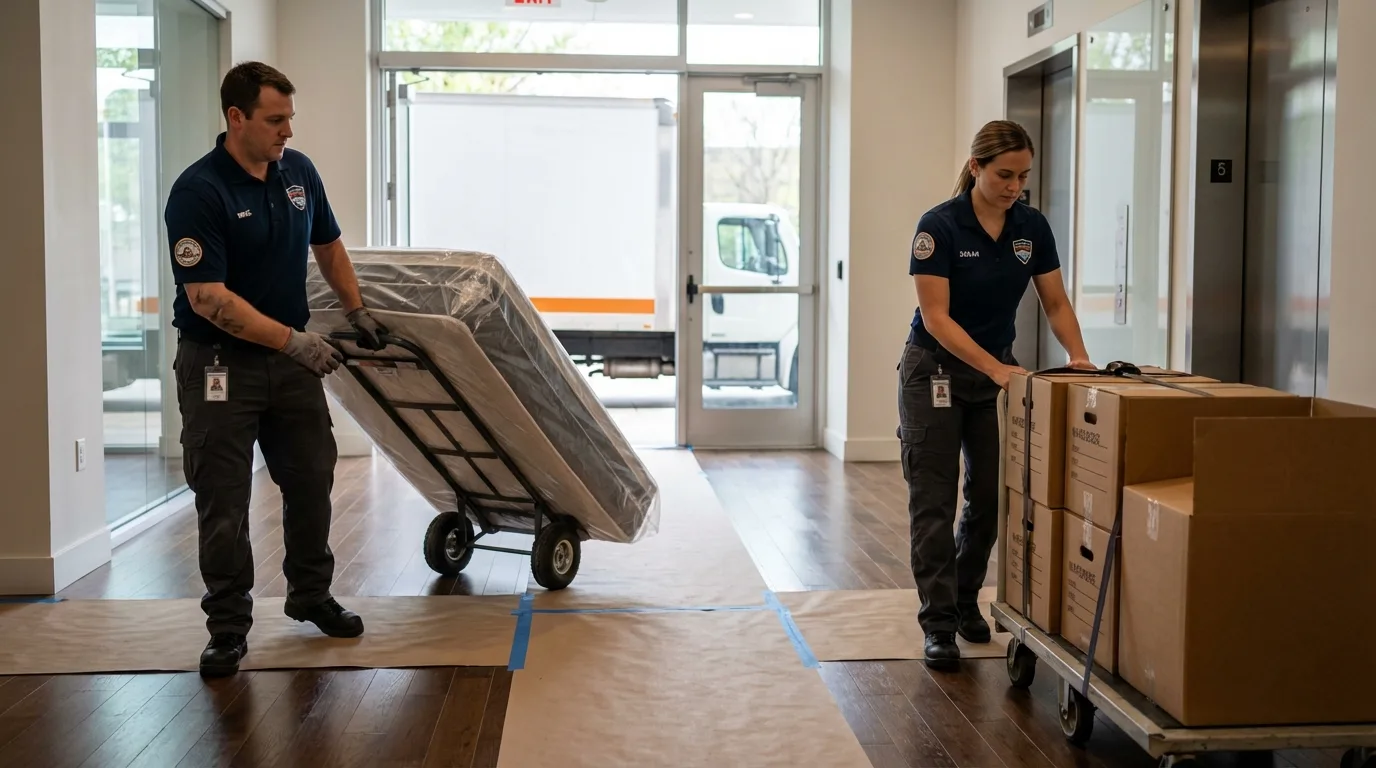 Professional apartment movers loading elevator in Oxford, MA