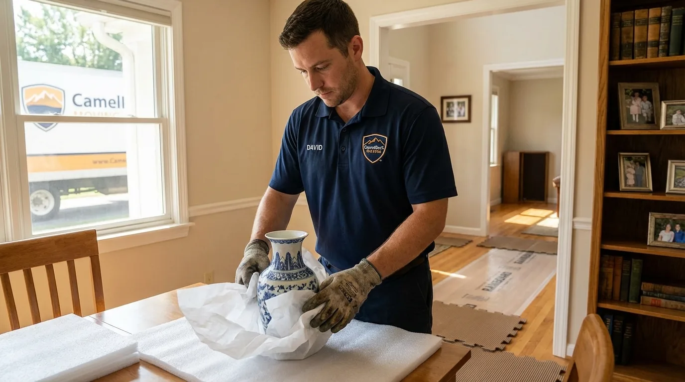 Professional crew carefully wrapping antique vase for senior downsizing move in Oxford, MA