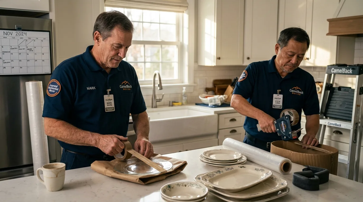 Professional crew packing kitchen dishware in Oxford, MA